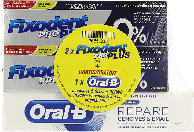 Fixodent Pro Plus 0% 2X40Gr + Oral-B Repair 50ml