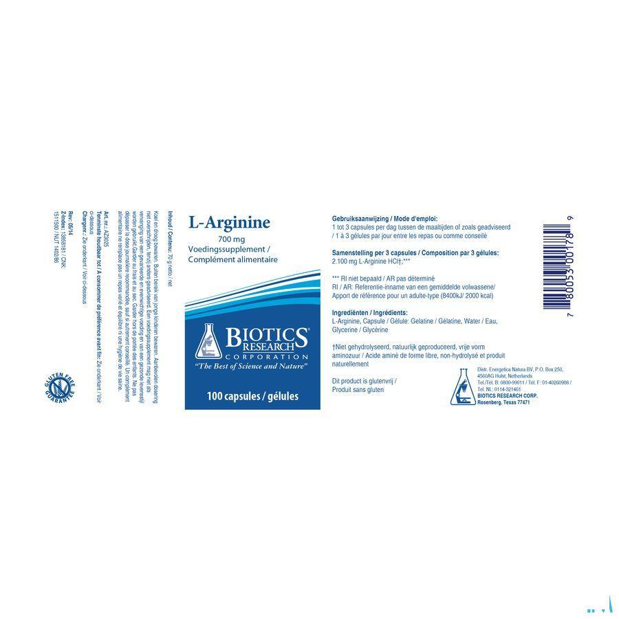 Biotics L-Arginine 700mg 100 capsules  -  Energetica Natura