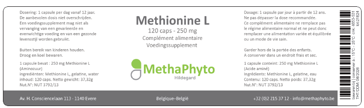 Methionine L 250 mg 120 Capsule Hildegard  -  Methaphyto