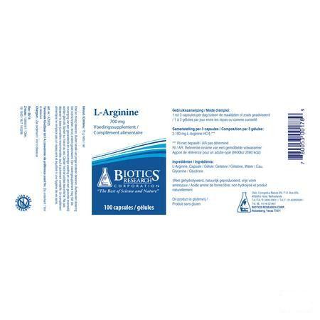 Biotics L-Arginine 700mg 100 capsules  -  Energetica Natura