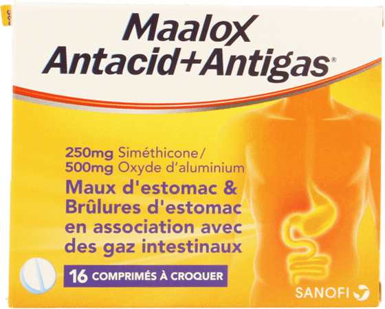 Maalox Antacid + antigas 250 mg/500 mg Comprimes A Mach. 16