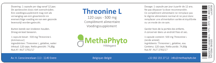 Threonine L 500 mg 120 Capsule Hildegard  -  Methaphyto