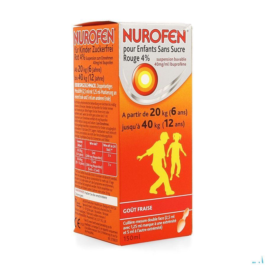 Nurofen Enfant sans sucre 4% Fraise Suspension Buvable 150 ml