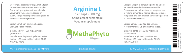Arginine L 500 mg 120 Capsule Hildegard  -  Methaphyto