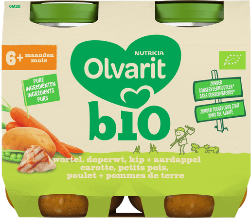 Olvarit Bio Wortel Erwtjes Kip Aardappel 6M 2X200G  -  Nutricia